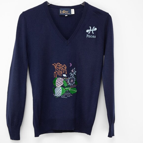 Vintage Sweaters - Vintage LeRoy Pisces Sweater Zodiac V-neck Vintage 70s Navy Blue Size Small